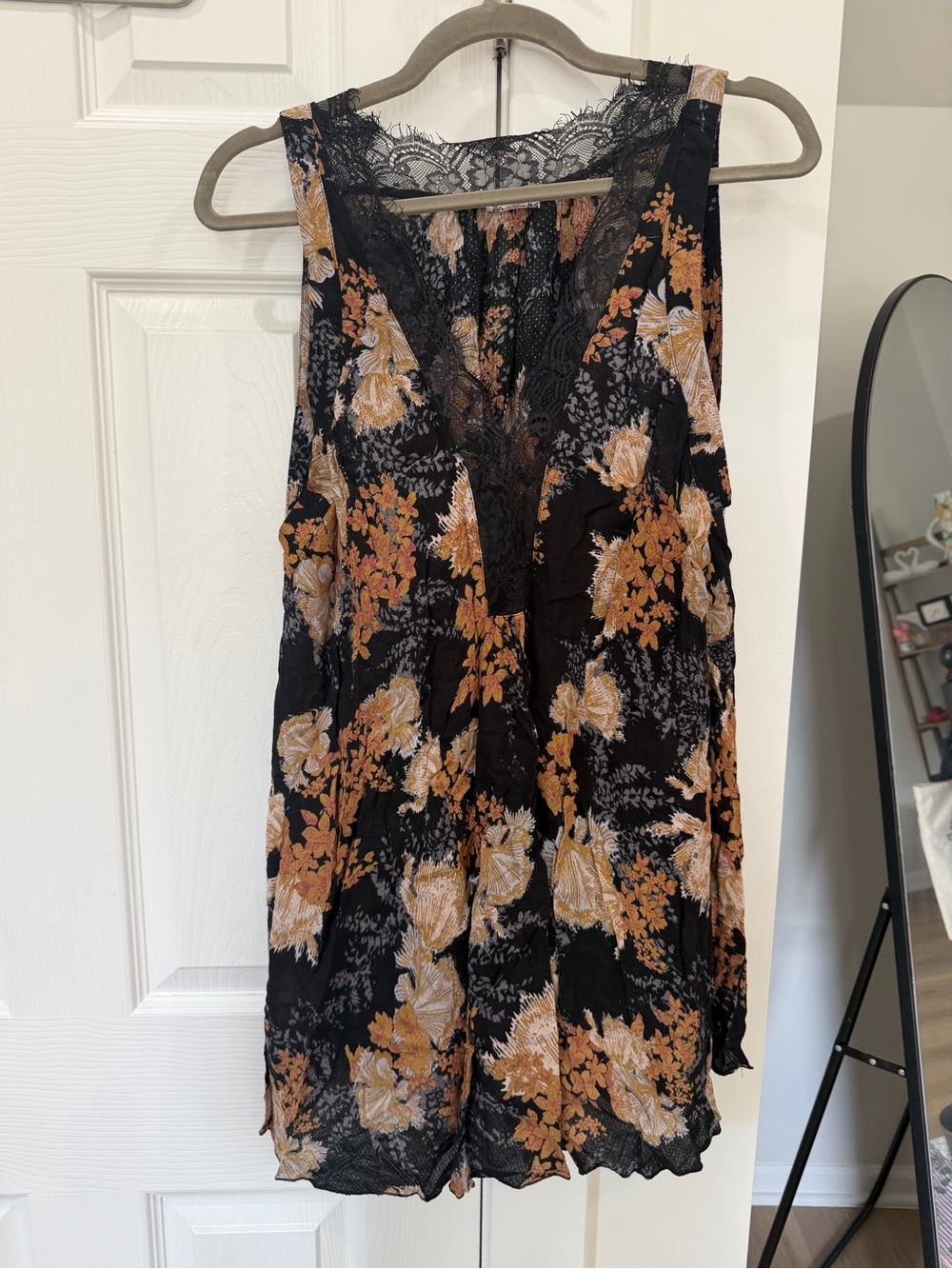 Free People Black Tunic with Mustard Floral Print and Lace V-Neck
